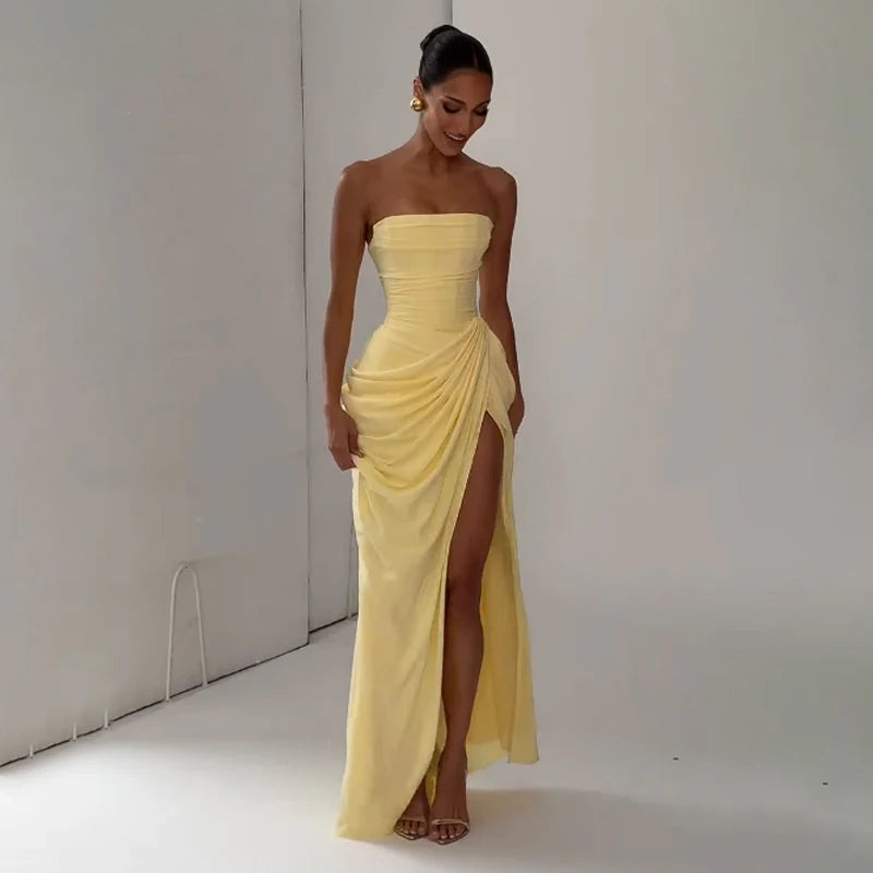 Off-Shoulder Pleated A-Line Maxi Dress