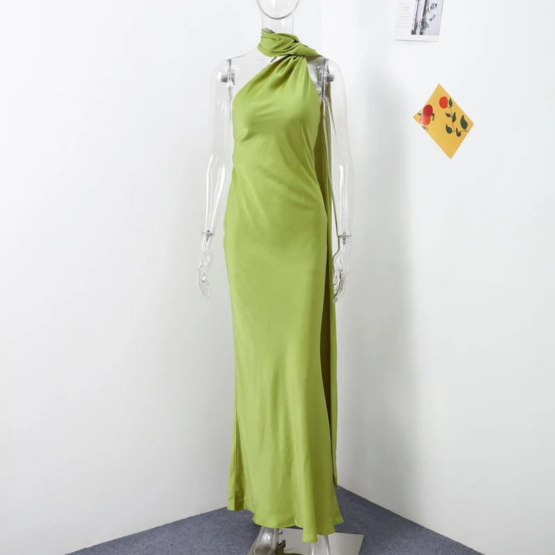 Satin Halter Backless Maxi Dress