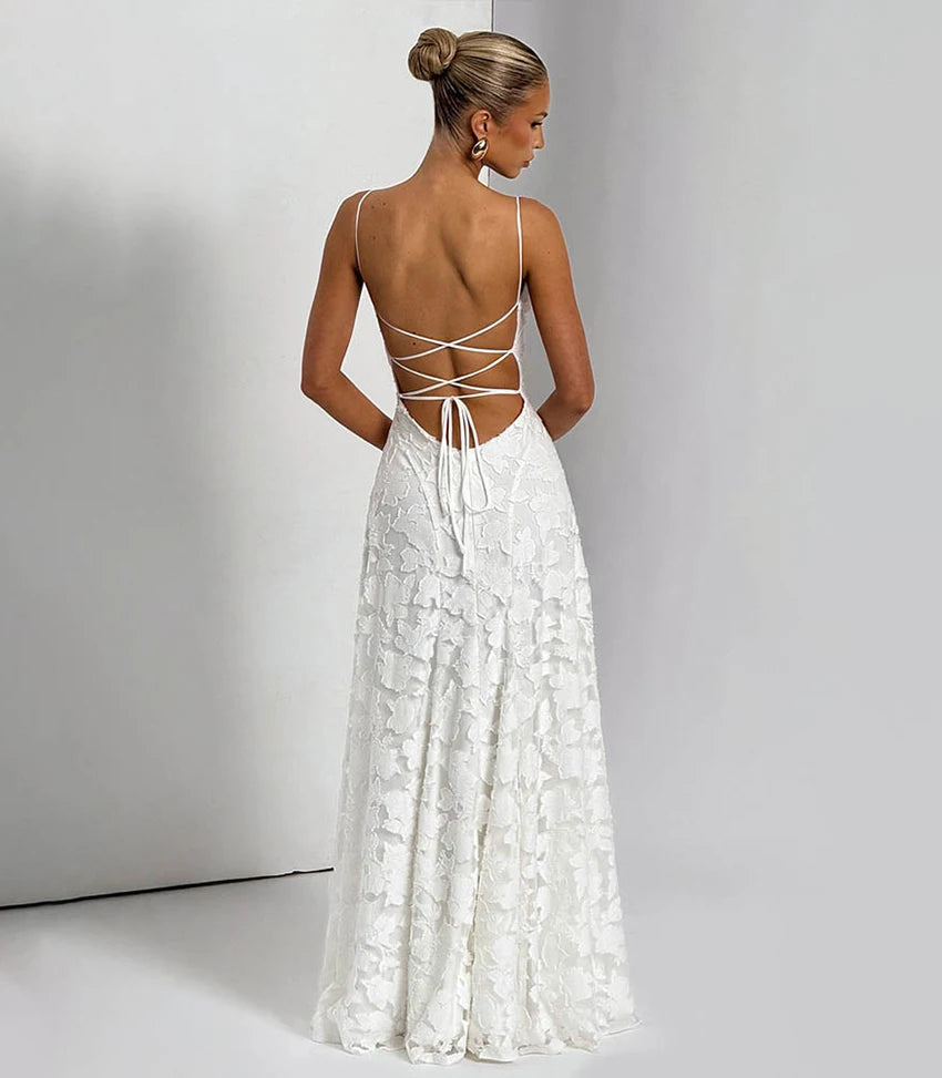 Floral Embroidery Backless Maxi Dress