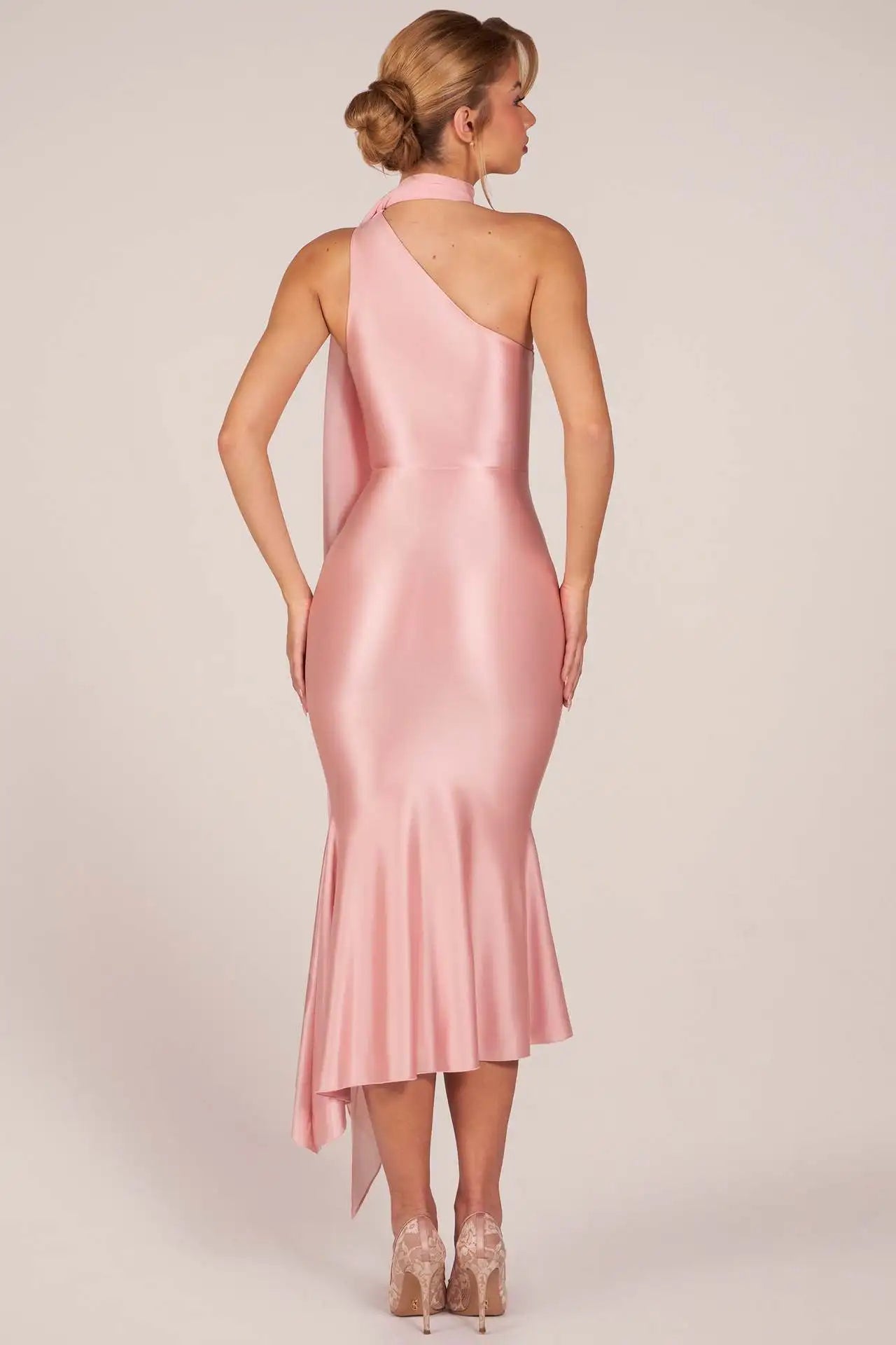 Halter Neck Satin Midi Dress with Sash