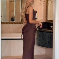 Solid Pleated Sling Dress Women Square Neck Sleeveless Off-shoulder Waist Cinching Slim Dresses Lady Summer Evening Party Gowns