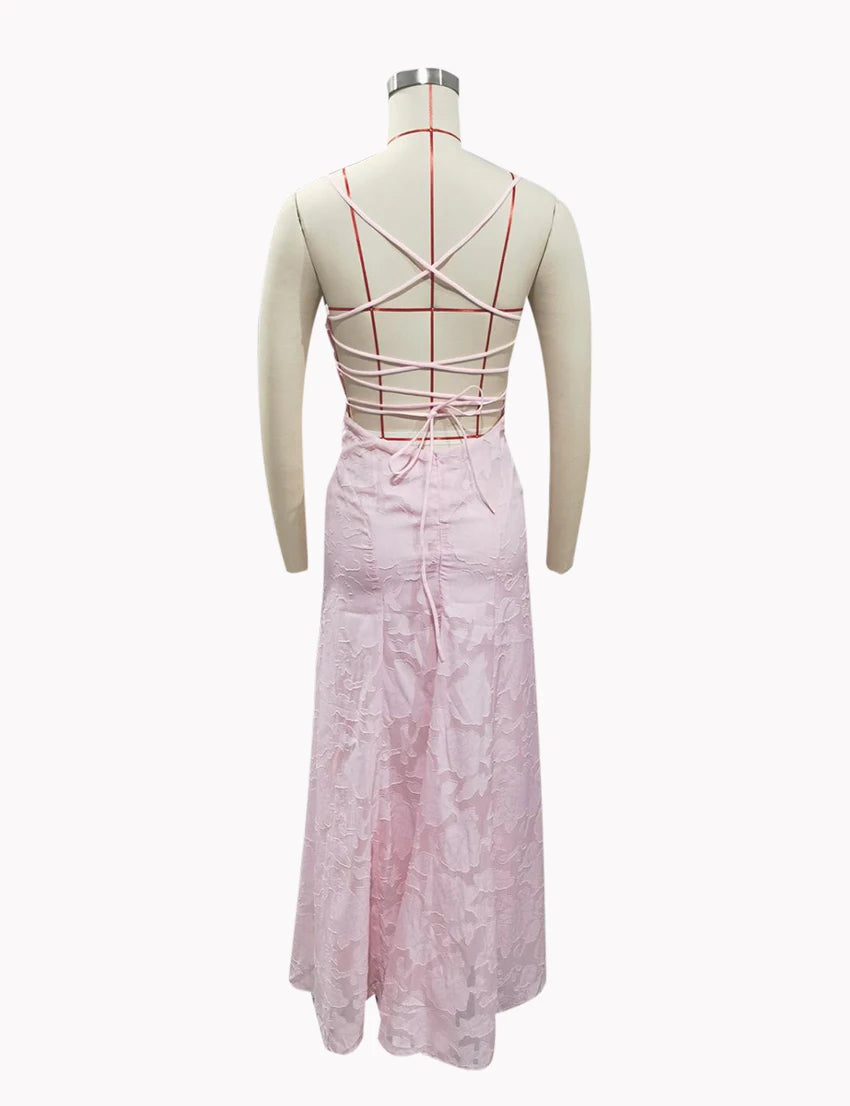 Floral Embroidery Backless Maxi Dress
