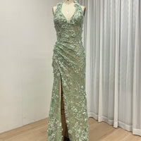 Halter Neck 3D Floral Lace Mermaid Gown