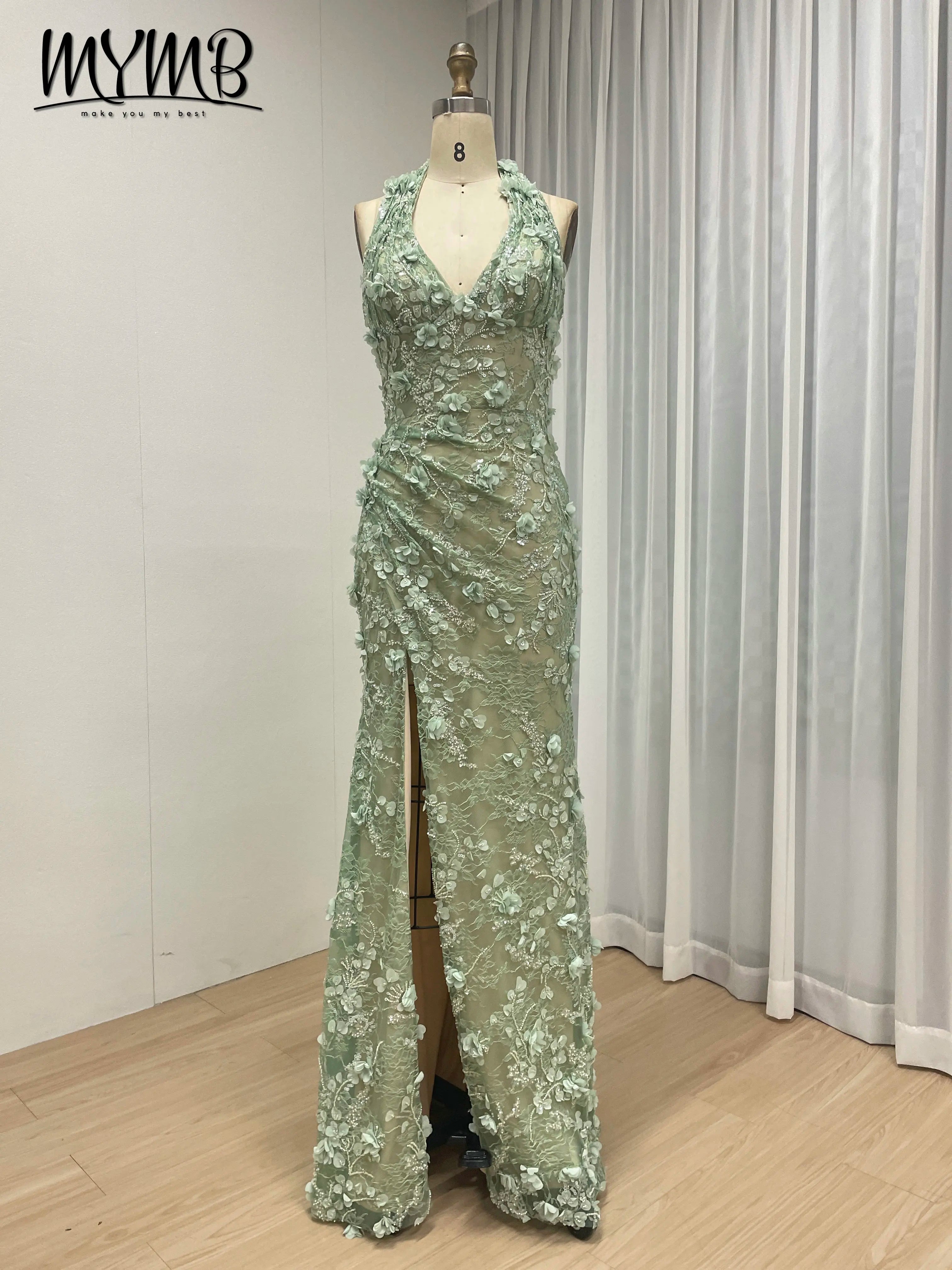 Halter Neck 3D Floral Lace Mermaid Gown