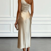 Ruched Satin One-Shoulder Maxi Dress