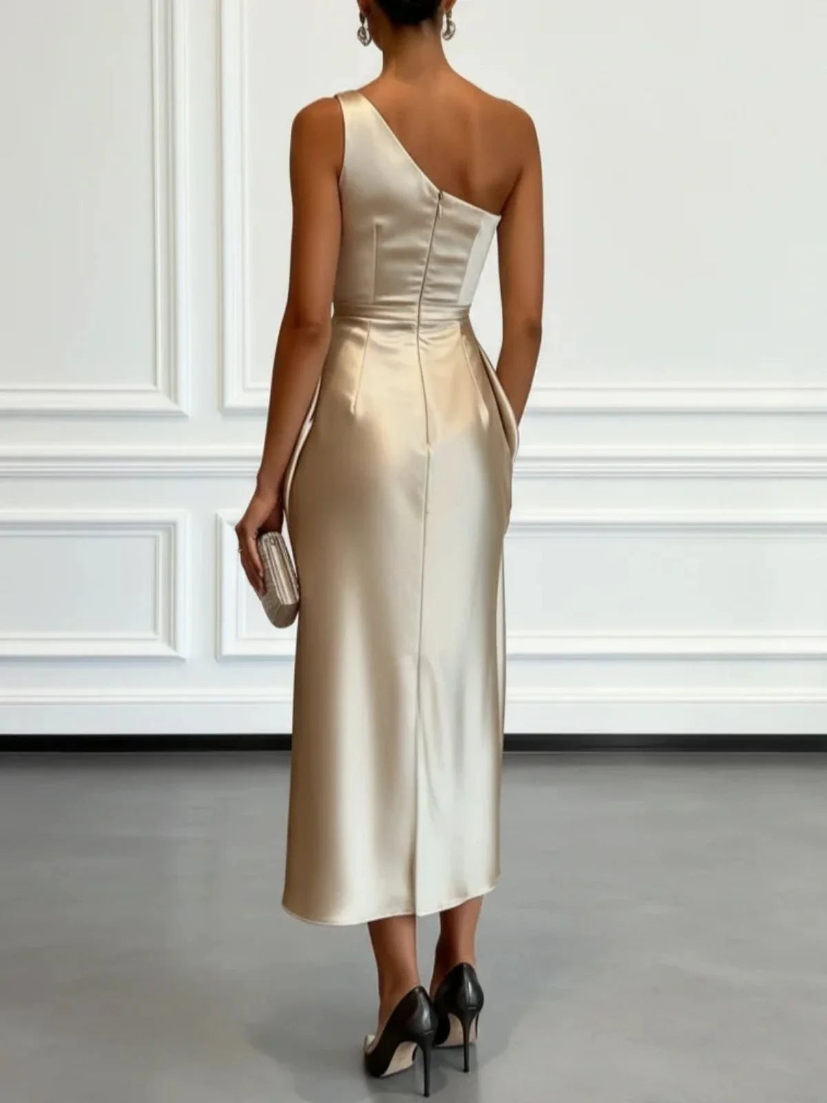 Ruched Satin One-Shoulder Maxi Dress