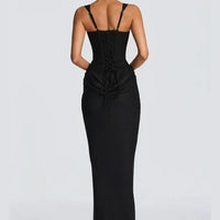 Solid Pleated Sling Dress Women Square Neck Sleeveless Off-shoulder Waist Cinching Slim Dresses Lady Summer Evening Party Gowns