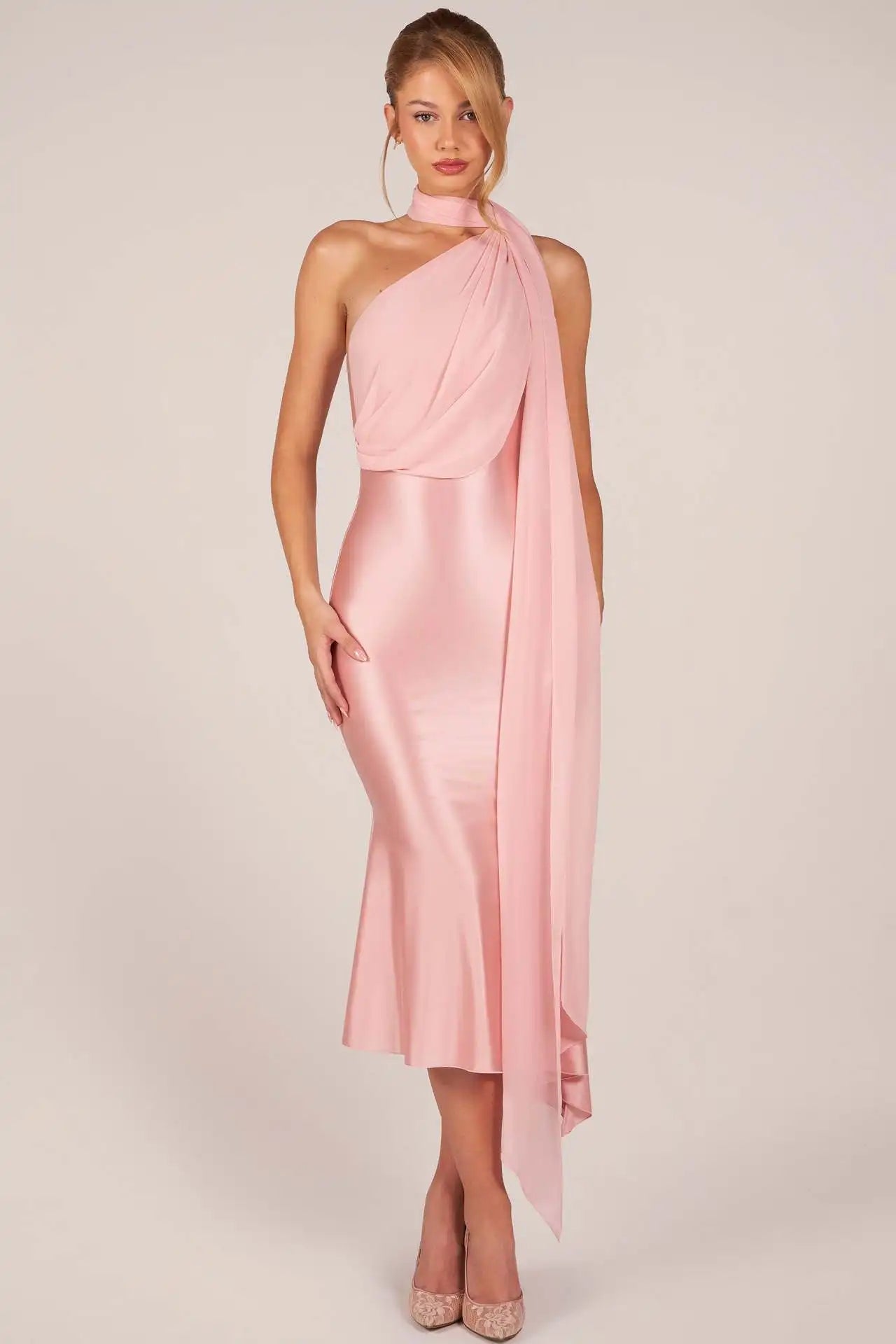 Halter Neck Satin Midi Dress with Sash
