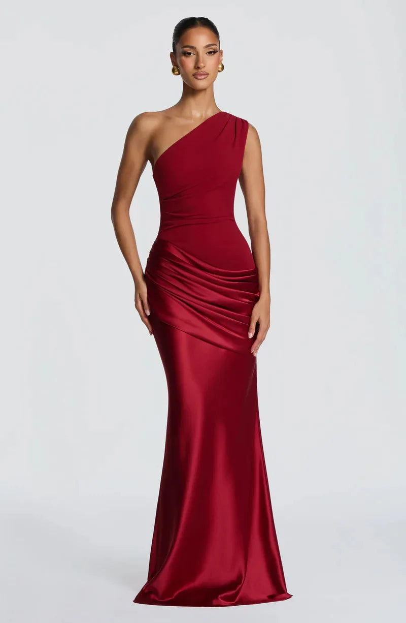 One-Shoulder V-Neck Sheath Maxi Dress