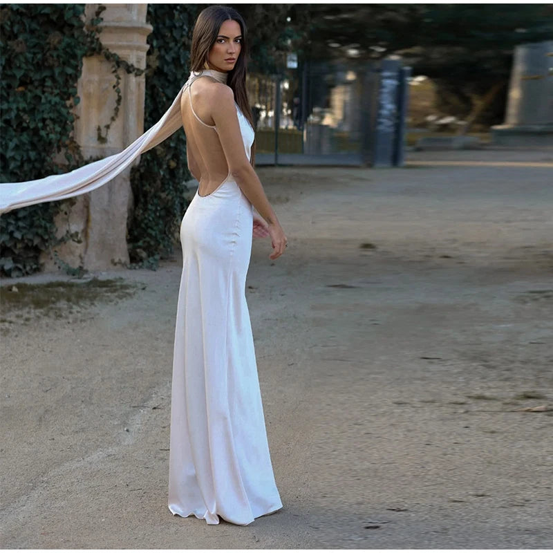 Satin Halter Backless Maxi Dress