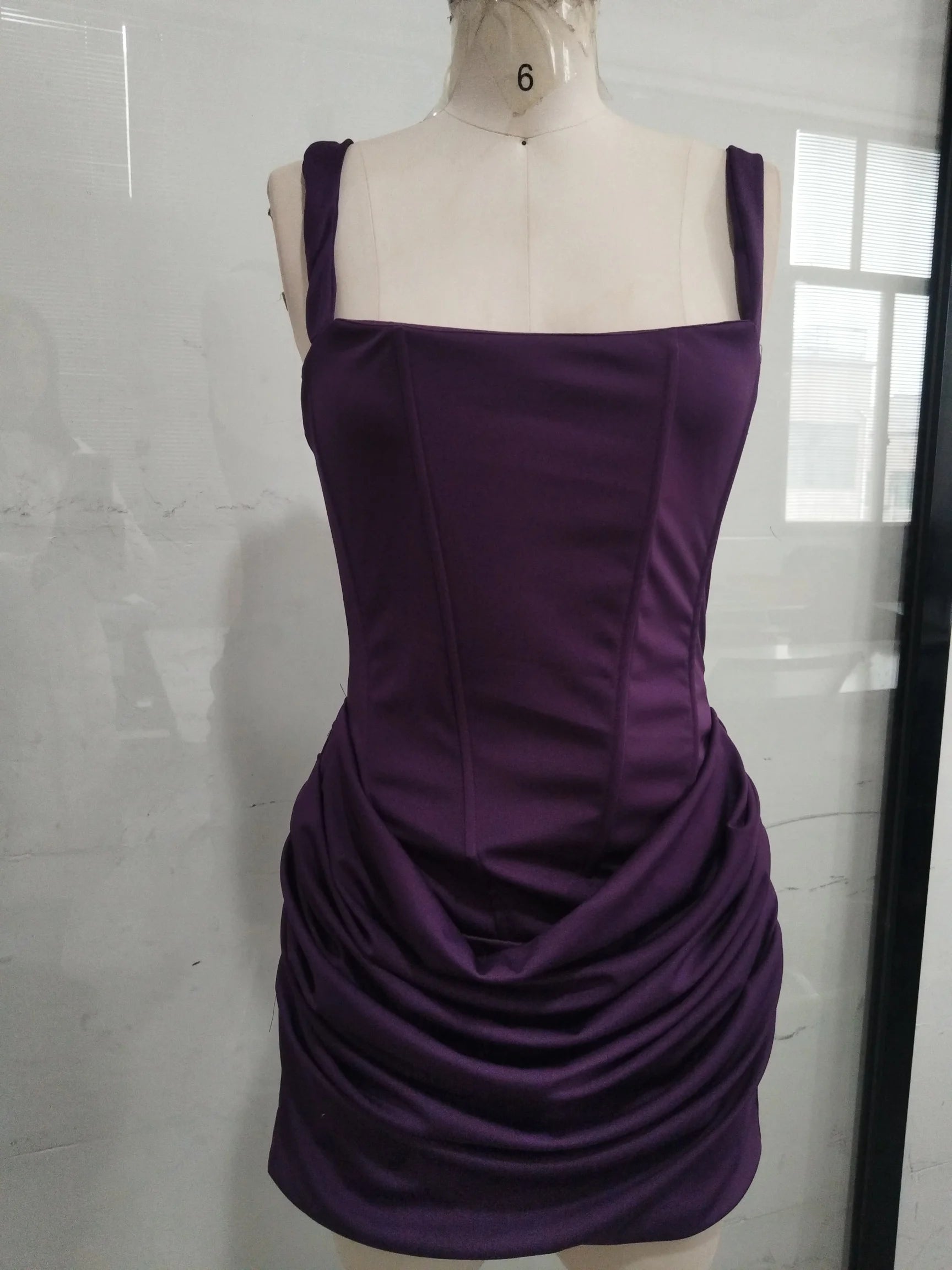 Solid Pleated Sling Dress Women Square Neck Sleeveless Off-shoulder Waist Cinching Slim Dresses Lady Summer Evening Party Gowns
