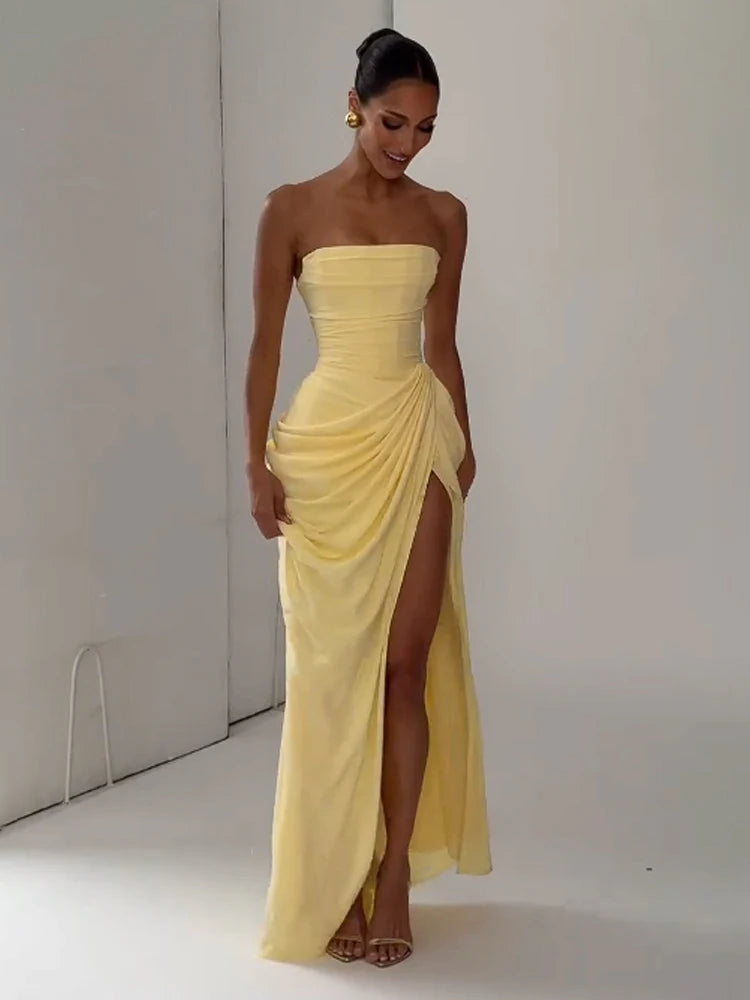 Off-Shoulder Pleated A-Line Maxi Dress