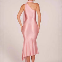 Halter Neck Satin Midi Dress with Sash