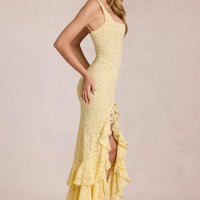 Summer Sexy Yellow Lace Dress High Waist Slim Fit Ruffle Edge Square Collar Backless Strap Women's Long Dresses 2026 New ﻿