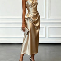 Ruched Satin One-Shoulder Maxi Dress
