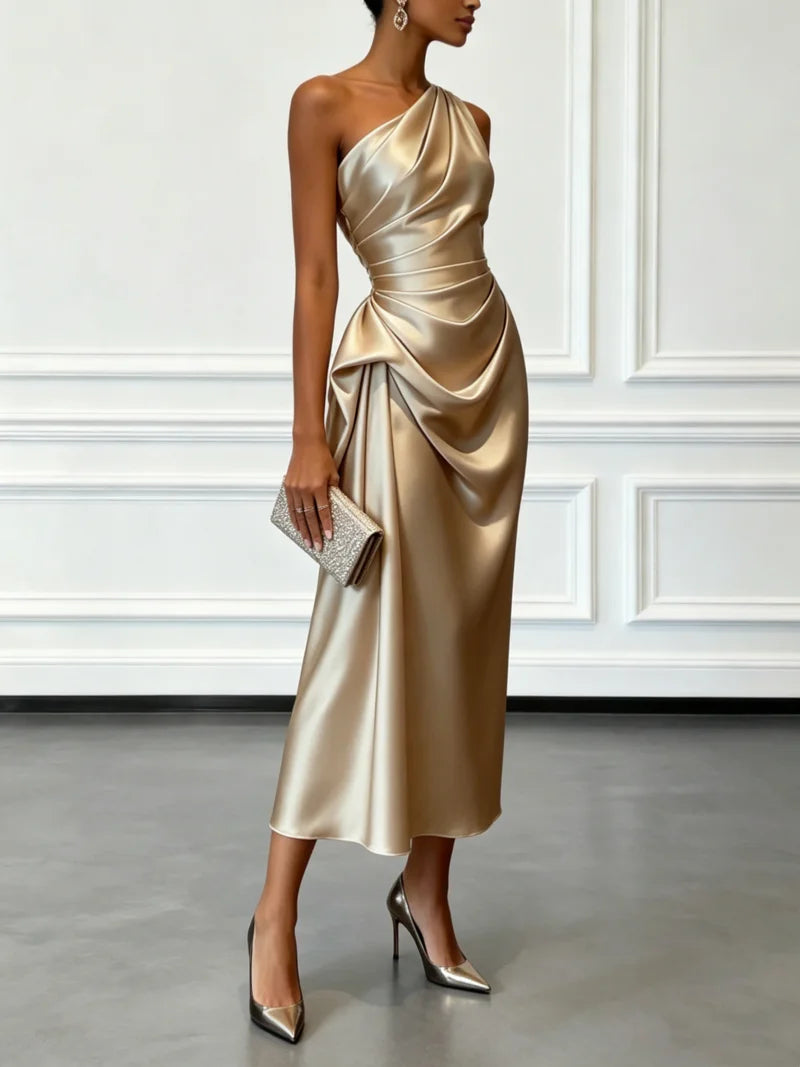 Ruched Satin One-Shoulder Maxi Dress
