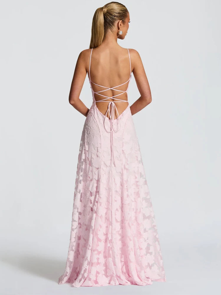 Floral Embroidery Backless Maxi Dress