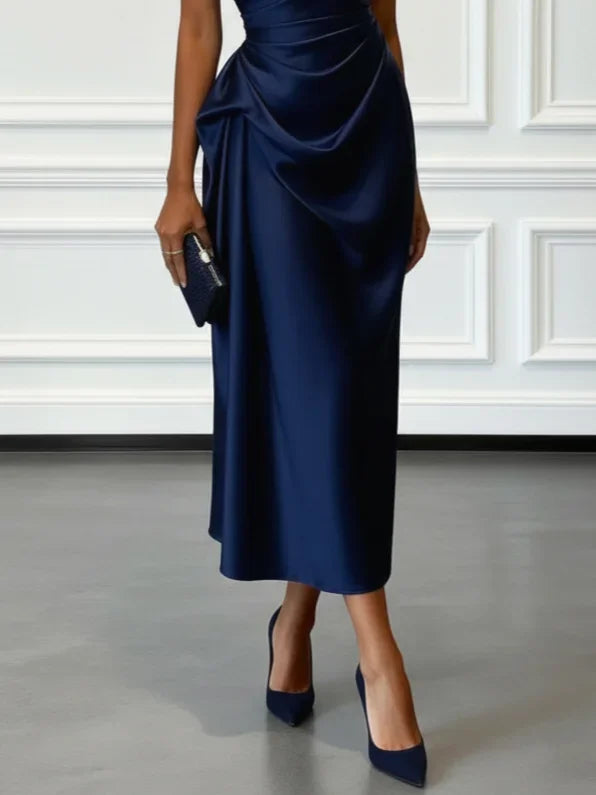 Ruched Satin One-Shoulder Maxi Dress