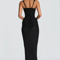 Solid Pleated Sling Dress Women Square Neck Sleeveless Off-shoulder Waist Cinching Slim Dresses Lady Summer Evening Party Gowns