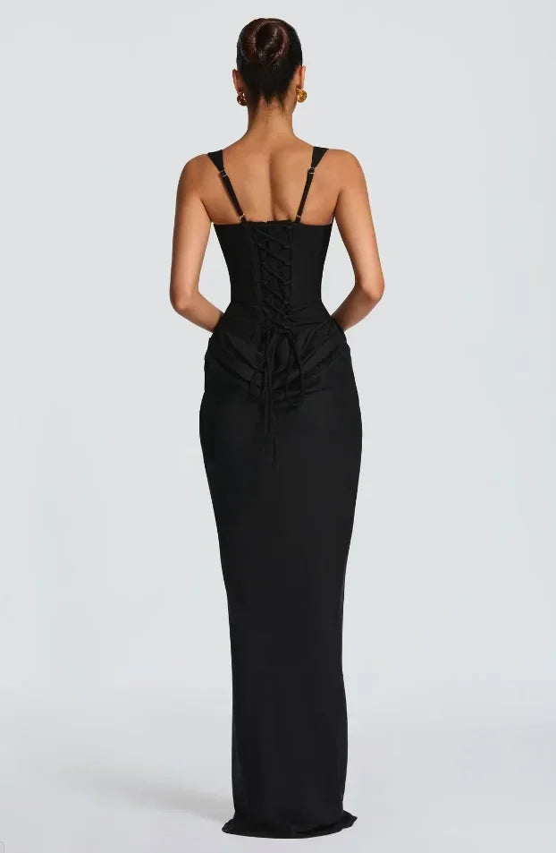Solid Pleated Sling Dress Women Square Neck Sleeveless Off-shoulder Waist Cinching Slim Dresses Lady Summer Evening Party Gowns
