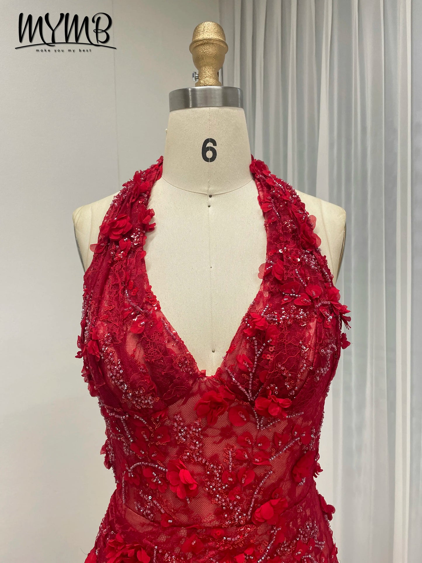 Halter Neck 3D Floral Lace Mermaid Gown
