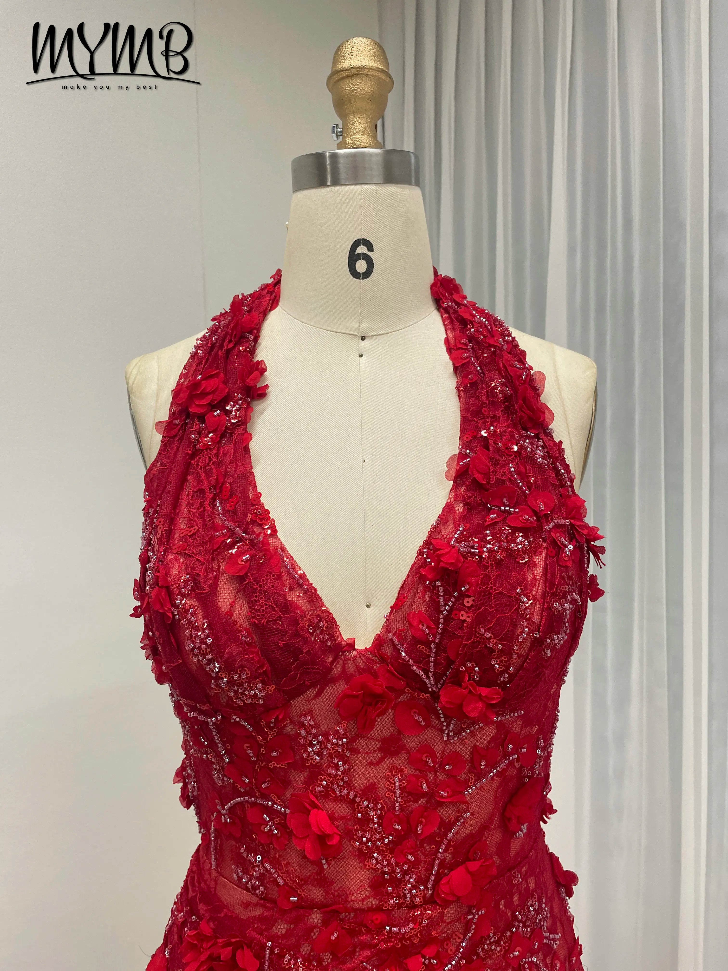Halter Neck 3D Floral Lace Mermaid Gown