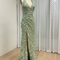 Halter Neck 3D Floral Lace Mermaid Gown