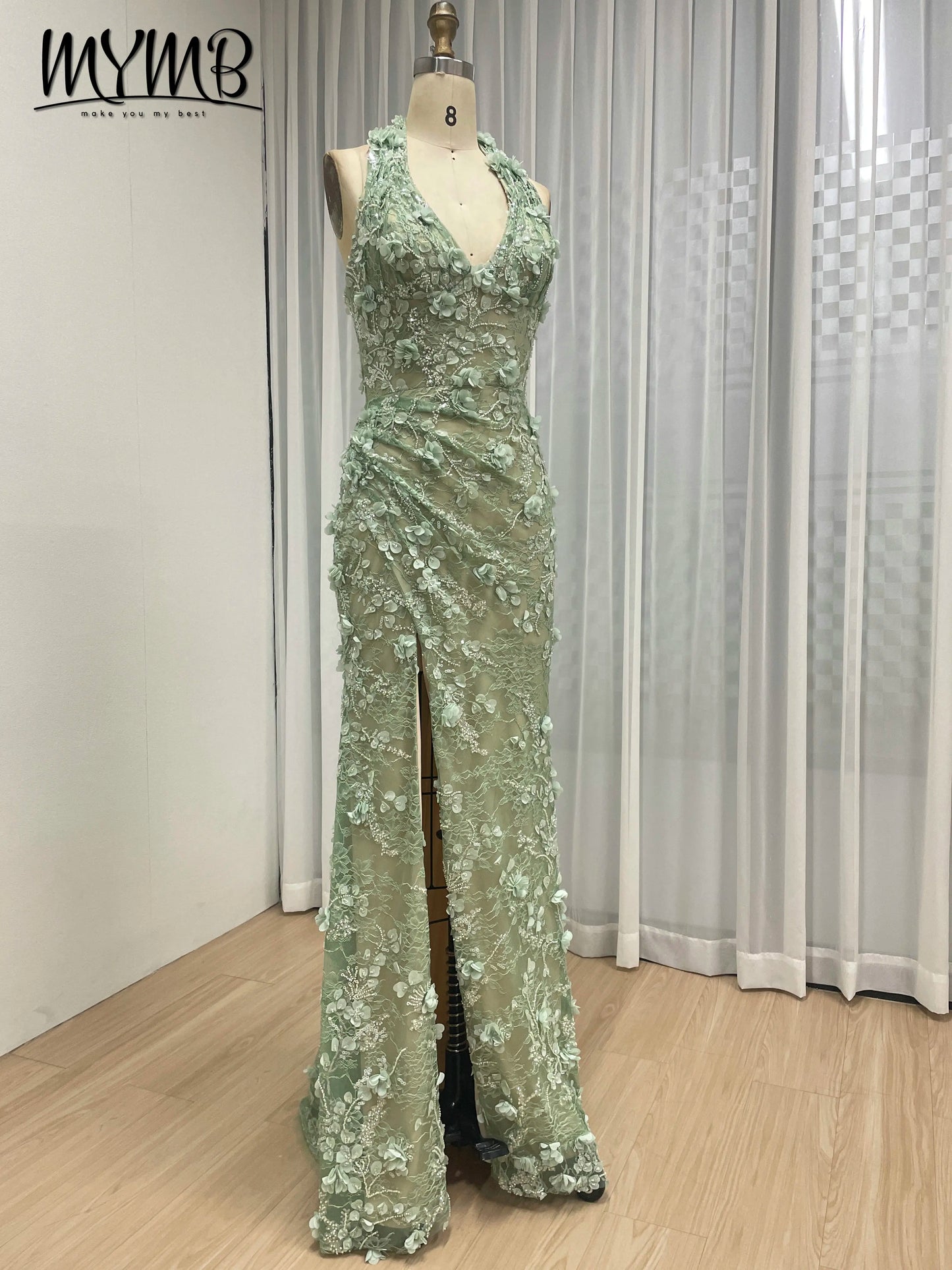 Halter Neck 3D Floral Lace Mermaid Gown