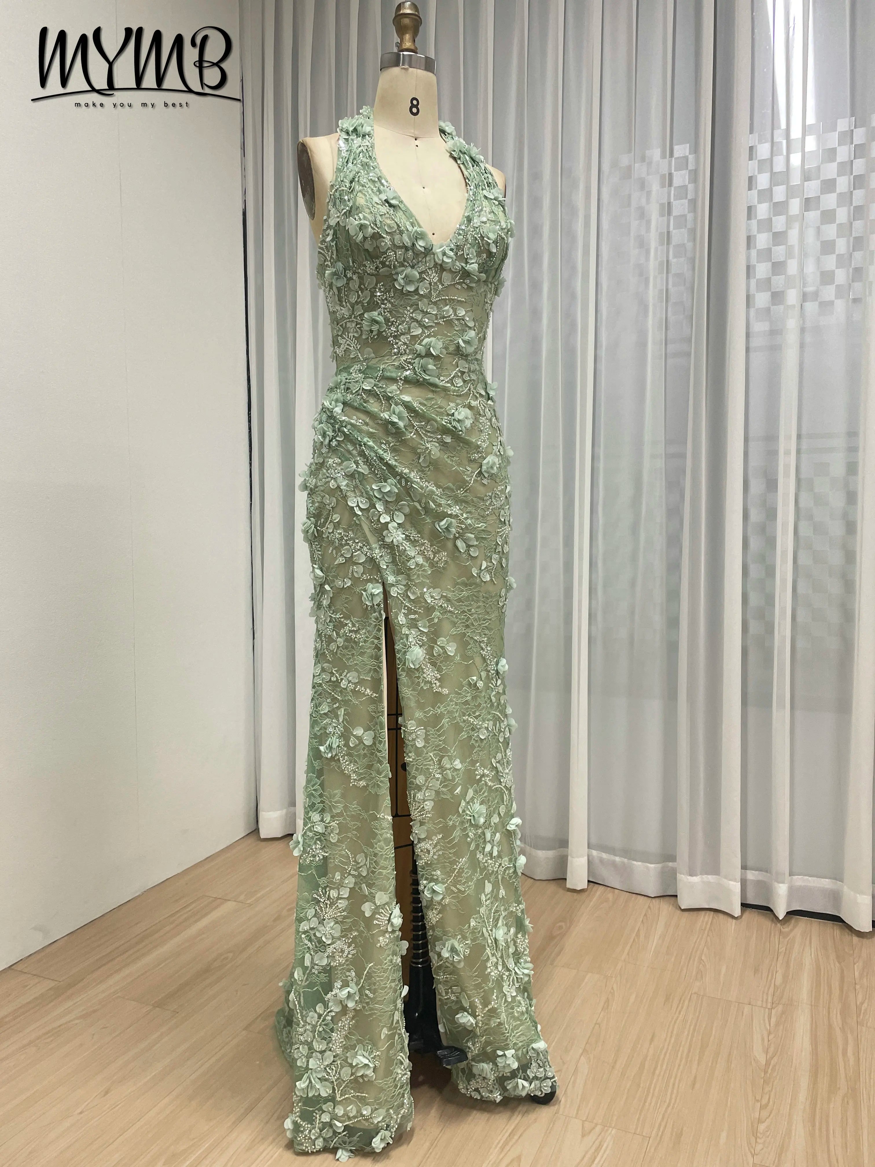 Halter Neck 3D Floral Lace Mermaid Gown