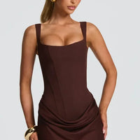 Solid Pleated Sling Dress Women Square Neck Sleeveless Off-shoulder Waist Cinching Slim Dresses Lady Summer Evening Party Gowns