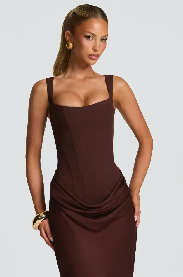 Solid Pleated Sling Dress Women Square Neck Sleeveless Off-shoulder Waist Cinching Slim Dresses Lady Summer Evening Party Gowns