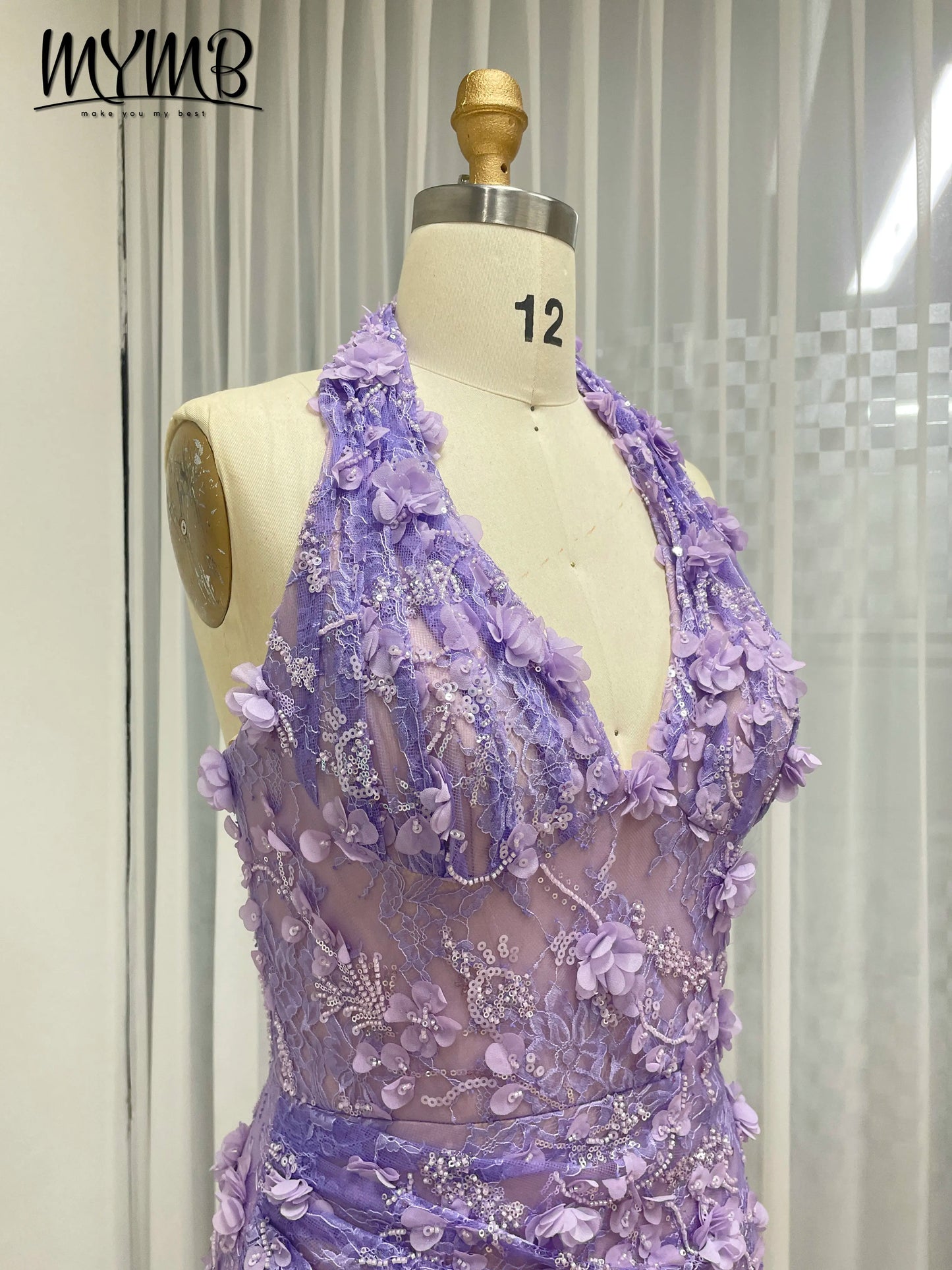 Halter Neck 3D Floral Lace Mermaid Gown