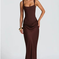 Solid Pleated Sling Dress Women Square Neck Sleeveless Off-shoulder Waist Cinching Slim Dresses Lady Summer Evening Party Gowns