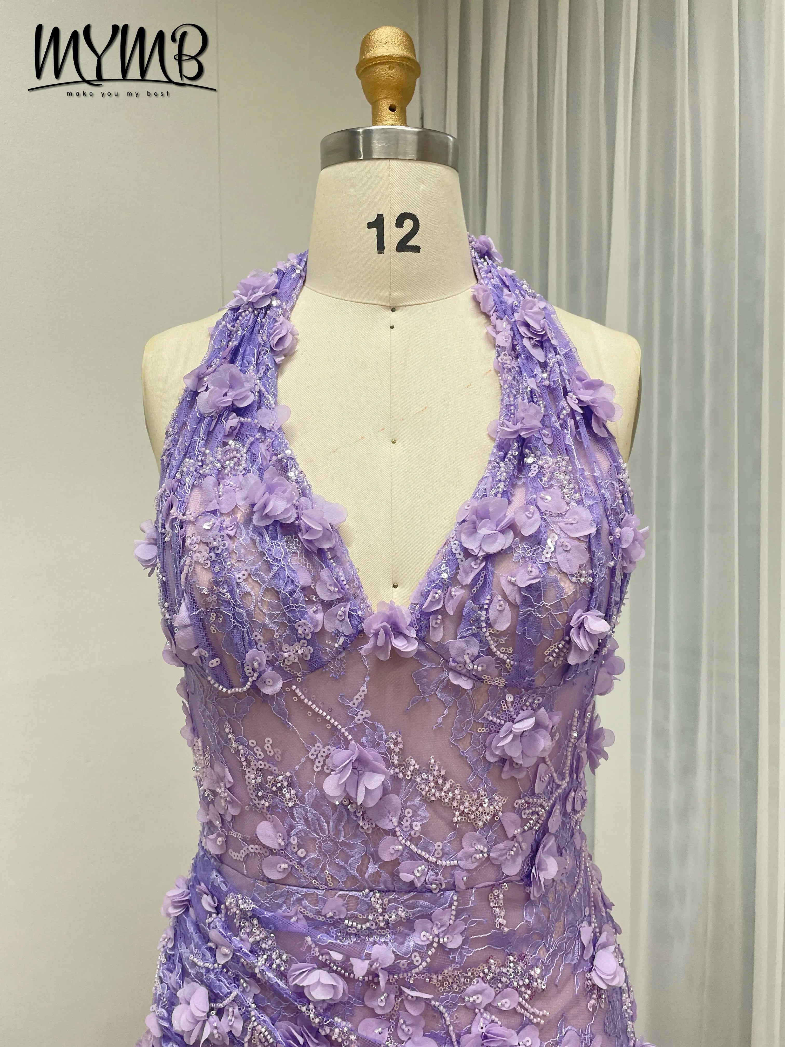 Halter Neck 3D Floral Lace Mermaid Gown