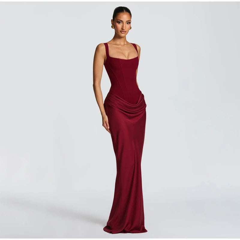 Solid Pleated Sling Dress Women Square Neck Sleeveless Off-shoulder Waist Cinching Slim Dresses Lady Summer Evening Party Gowns