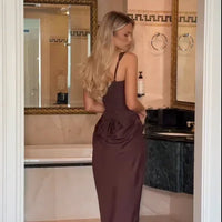 Solid Pleated Sling Dress Women Square Neck Sleeveless Off-shoulder Waist Cinching Slim Dresses Lady Summer Evening Party Gowns
