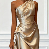 Ruched Satin One-Shoulder Maxi Dress