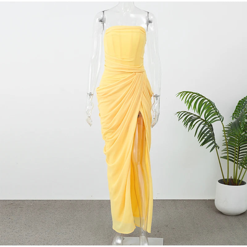 Off-Shoulder Pleated A-Line Maxi Dress
