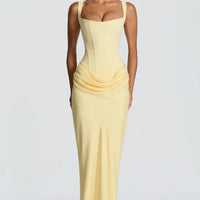 Solid Pleated Sling Dress Women Square Neck Sleeveless Off-shoulder Waist Cinching Slim Dresses Lady Summer Evening Party Gowns