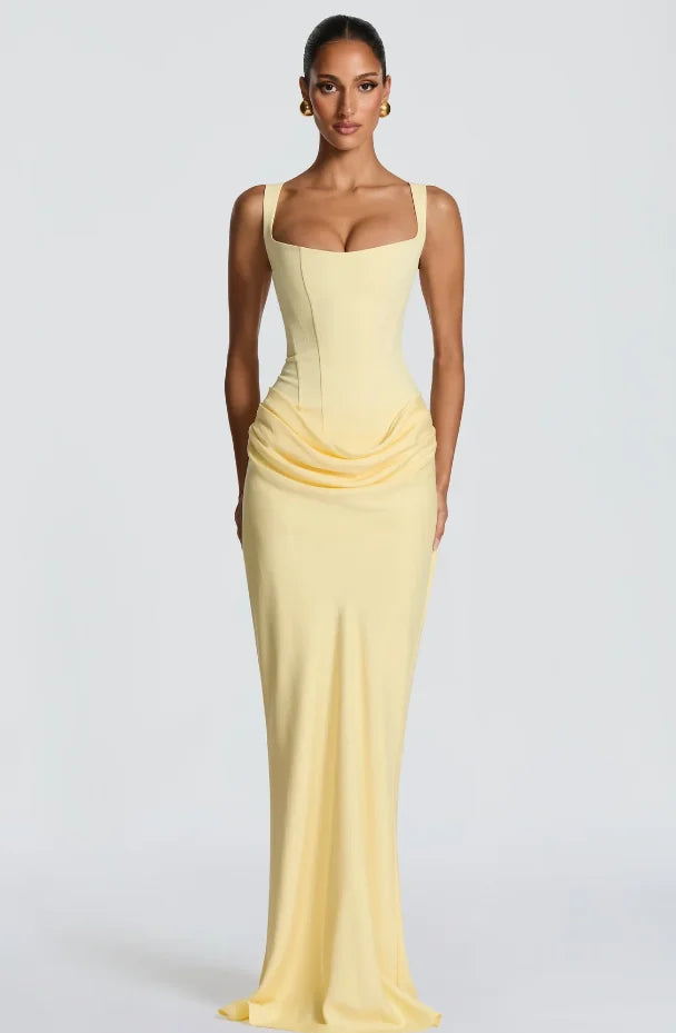 Solid Pleated Sling Dress Women Square Neck Sleeveless Off-shoulder Waist Cinching Slim Dresses Lady Summer Evening Party Gowns