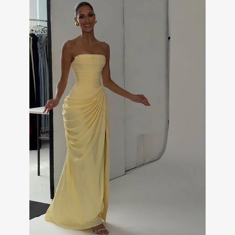 Off-Shoulder Pleated A-Line Maxi Dress