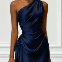 Ruched Satin One-Shoulder Maxi Dress