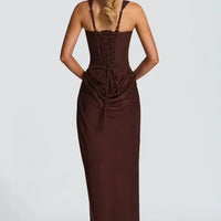 Solid Pleated Sling Dress Women Square Neck Sleeveless Off-shoulder Waist Cinching Slim Dresses Lady Summer Evening Party Gowns