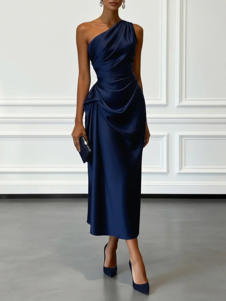 Ruched Satin One-Shoulder Maxi Dress