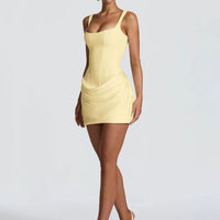Solid Pleated Sling Dress Women Square Neck Sleeveless Off-shoulder Waist Cinching Slim Dresses Lady Summer Evening Party Gowns