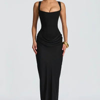 Solid Pleated Sling Dress Women Square Neck Sleeveless Off-shoulder Waist Cinching Slim Dresses Lady Summer Evening Party Gowns