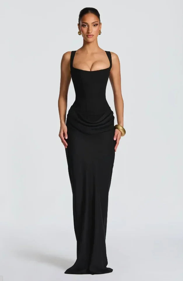 Solid Pleated Sling Dress Women Square Neck Sleeveless Off-shoulder Waist Cinching Slim Dresses Lady Summer Evening Party Gowns