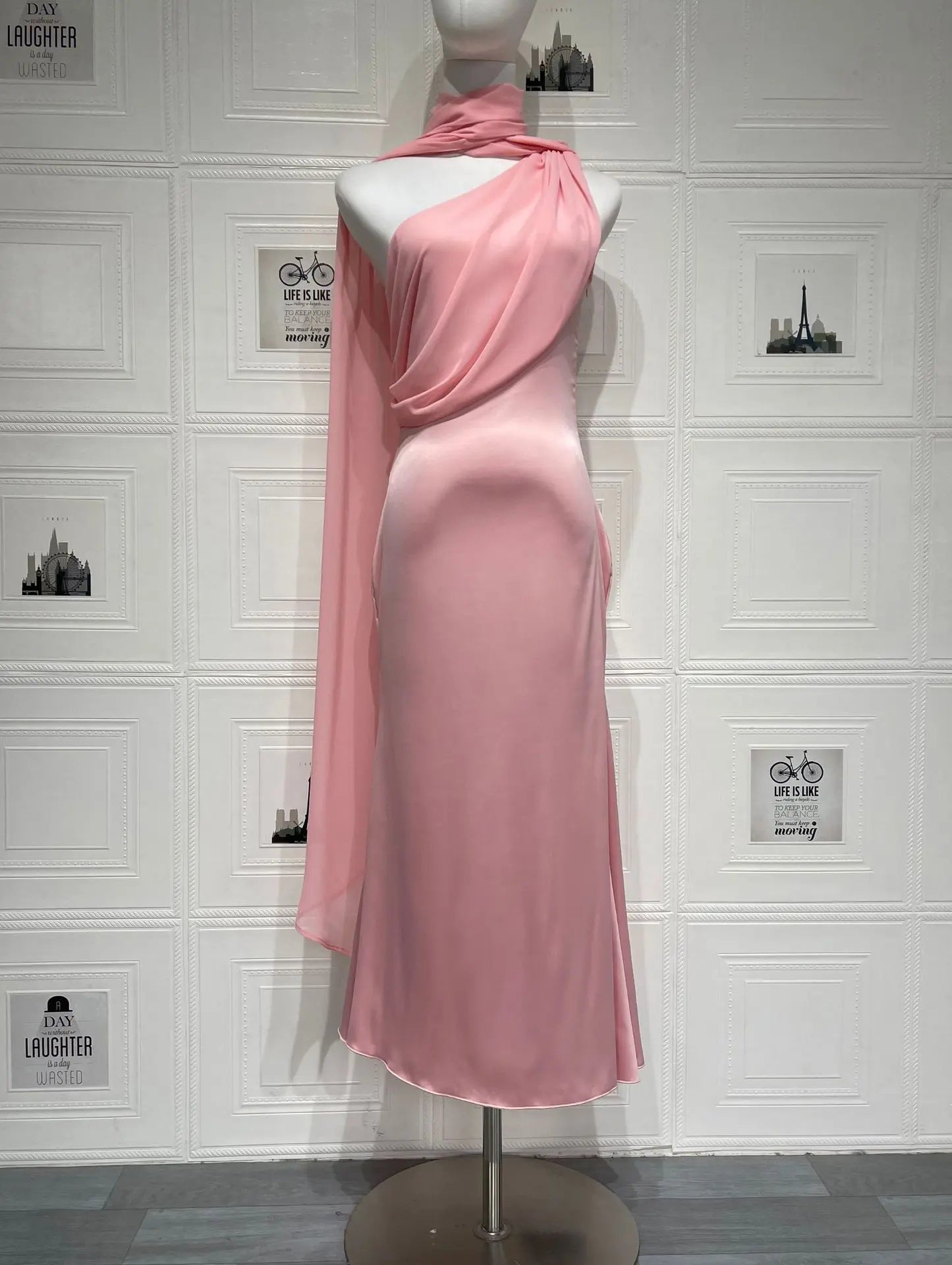 Halter Neck Satin Midi Dress with Sash