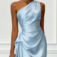 Ruched Satin One-Shoulder Maxi Dress