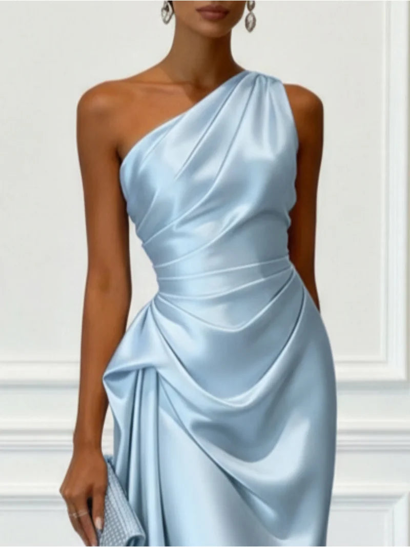 Ruched Satin One-Shoulder Maxi Dress
